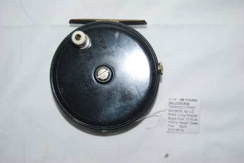 4 1/4 ALLCOCKS [JW YOUNG] PERFECT-TYPE SALMON REEL. No Line Guard. RHW. Long smooth brass foot fastened with 3 screws [3 1/4